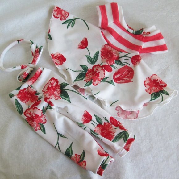 Coral pink floral and stripes play set for 16" BJD - Picture 2 of 5
